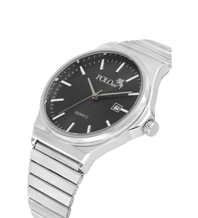 Polo Air Hasır Metal Kordon Takvimli Erkek Kol Saati Gümüş Siyah Renk PL-7041E5x (Siyah-Gri)