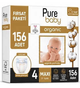 Pure Baby Organik Bebek Bezi 4 Beden 7-16 KG Maxi 156 Adet Aylık Fırsat Pk
