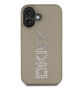 Apple iPhone 16 Uyumlu Kılıf DKNY Orjinal Lisanslı Taşlı DKNY Yazılı Metalik Rhinestones PU Deri Kapak (Kahverengi)