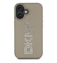 Apple iPhone 16 Uyumlu Kılıf DKNY Orjinal Lisanslı Taşlı DKNY Yazılı Metalik Rhinestones PU Deri Kapak (Kahverengi)