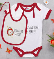 BK Kids Uyandırma Servisi Tasarımlı Kırmızı Bebek Body Zıbın ve Mama Önlüğü Hediye Seti-1