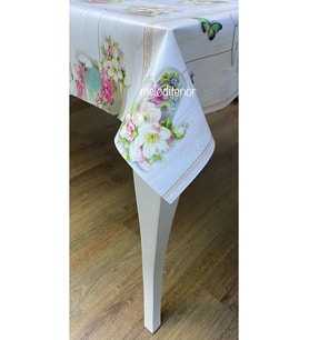 elyaf astarlı fincan kelebek desenli kaymaz pvc muşamba masa örtüsü Krem 100 x 140