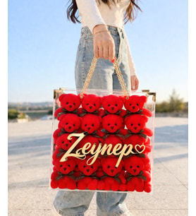 Premium Zincirli Pleksi Çantada Kişiye Özel İsim Baskılı Kırmızı Ayıcık Kutusu Çantası Eşe Arkadaşa Sevgiliye Hediye Anneler Günü