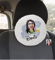 BK Gift Kişiye Özel İsimli Kadın Karikatürlü Yuvarlak Araç Koltuk Yastığı-30