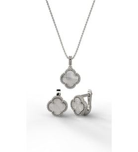 925 Ayar Beyaz Sedef Taşlı Rodyum Van Cleef Yonca Kolye Küpe 2'li Gümüş Set-Takım