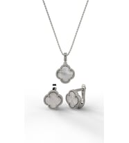 925 Ayar Beyaz Sedef Taşlı Rodyum Van Cleef Yonca Kolye Küpe 2'li Gümüş Set-Takım
