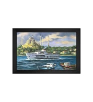 Yağlı Boya Sultan Ahmet Camii ve Vapur Motifli Kanvas Tablo 50 x 70 cm Siyah Çerçeve