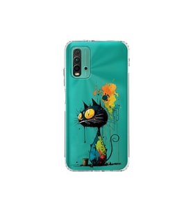 Redmi 9T ile Uyumlu Splash Kedi Tasarımlı Şeffaf Silikon Kılıf