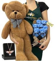 Kişiye Özel Hediye Seti - Renkli Anka Kuşu Kolyeli, 7'li Ayıcık Buketli ve Kahve Peluş Ayıcıklı Set (Model 5)