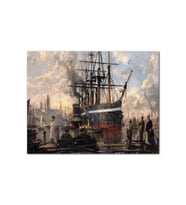 Ahşap Tablo 1800 Yılı Liman Gemi Yolcular Yağlı Boya Resmi (35x50 Cm Boyut)