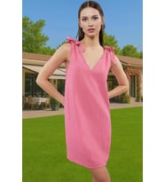 Yazlık Mini Dokuma Bağlamalı Elbise Rahat Kalıp Polyester Plaj Premium Kalite Mükemmel Uyum (Fuşya)