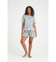 iLove Kısa Kollu Şort Kadın Pijama Takımı Örme Kumaş Pamuklu Desenli SüperSoft (Su Yeşili)