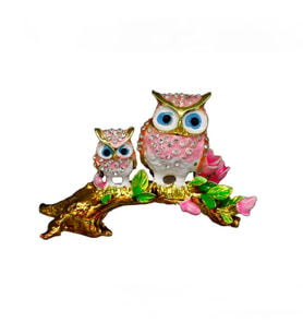 Dekoratif Anne ve Yavru Baykuş Figürü – Kristal Taşlı Metal Obje (Pembe)