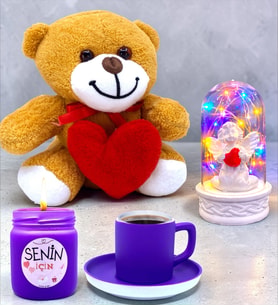 Premuim Hediye Seti Kalpli Ayıcık, Beyaz Melekli Renkli Led Işıklı Fanus, Mum, Kahve Fincanı