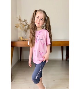 Fiyonk Desenli Kız Çocuk Pembe Renk Taytlı Takım