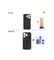 iPhone 15 Pro Siyah Arka Kapak Arka Cam Batarya Kapağı Lazer Kesim Kapak Pil Kapağı + B-7000 Yapıştırıcı + Tamir Seti