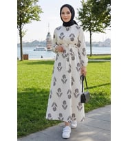 Mayra Desenli Keten Elbise 1717 - Siyah