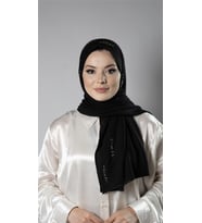 Siyah Pratik Hazır Geçmeli Tesettür Şal Örme Kumaş Taşlı Yıldız Desenli  2118Y_01