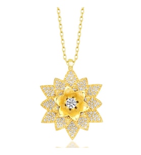 Gümüş Gold Beyaz Taşlı Lotus Çiçeği Kadın Kolye