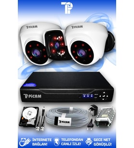 PICAM 3 Kameralı Panda 2 İç Kamera Set 250 GB HDD Full HD Gece Görüşlü Güvenlik Kamerası Sistemi