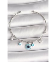 pilelistore Pirinç Gümüş Renk Sallantı Zirkon Taşlı Nazar Boncuk Figür Charm Kadın Bileklik - TJ-BB6