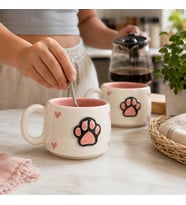 2'li El Yapımı Seramik Kupa Seti, Kedi Desenli Kalp Motifli Stoneware Mug, 200 ml, Kırmızı İçli Doğal Seramik, Çay Kahve Bardağı, Kedi Severlere Hediye (Pembe)