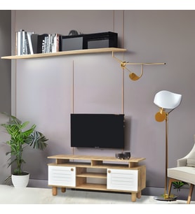 Helena Tv Sehpası Beyaz 2 Kapaklı Açık Raflı Ahşap Görünümlü Atlantik Çam 140x60x36 Cm