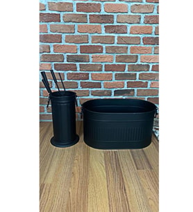 Siyah Şömine Oval Kova Odunluk ve Maşa Takımı Set Takım