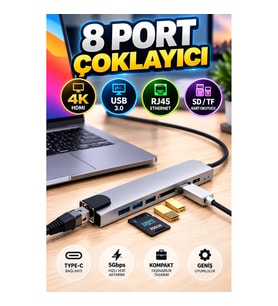 8 Port Type-C Çoklayıcı – 4K HDMI, USB, RJ45 Ethernet, SD ve TF Kart Okuyucu