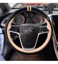 Opel Astra J Dikme Direksiyon Kılıfı Parlak Siyah Bej Detaylı Bej Çift Yüzük ve Dikiş 2009-2015