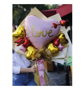 Love Temalı Pembe & Gold Kalpli Balon Aranjmanı