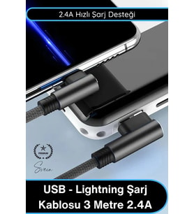 #Lightning USB Lightning Şarj Kablosu 3 Metre 2.4A Hızlı Şarj Veri Aktarım Siyah Dayanıklı Uzun Kabl