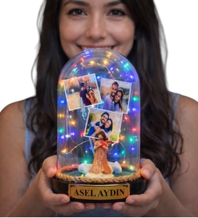 Kişiye Özel Tasarım Renkli Led Işıklı Fanus Size Özel Yazılı ve 3 Fotoğraflı (Model 10)
