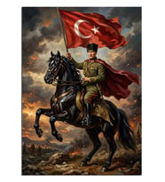 Türk Bayraklı At Üzerinde Asker Atatürk Dekoratif Kanvas - Mdf Ahşap Tablo