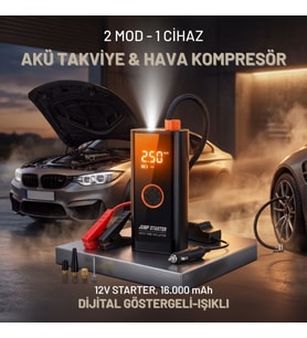 Akü Takviye Cihazı ve Lastik Şişirme Pompası – Powerbank Özellikli, Dijital Ekranlı SOS Fenerli Taşınabilir Kompresör (5690)