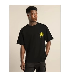Unisex Bisiklet Yaka Baskılı Oversize T-Shirt - Siyah