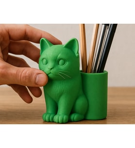 3D Baskı Kedi Figürlü Kalemlik - Masaüstü Organizer - Yeşil