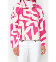 Fermuarlı Yaka Standart Kol Kalın Polar Desenli Fermuarlı Uzun Kol Örme Sweatshirt (Fuşya)