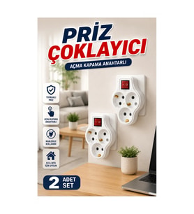 Anahtarlı 3’lü Duvar Tipi Priz Çoklayıcı – Kablosuz 2’li Set