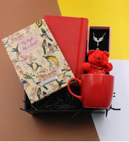 Kişiye Özel İkili Defter ( Kırmızı & Kuş Motifli ) & Kırmızı Kupa & Ayıcık Anahtarlık & Mikail Melek Kolye Hediye Seti