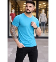 Erkek Body Tişört Bisiklet Yaka Slim Fit Likralı T-Shirt - Açık Mavi