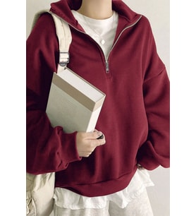 Ghassy Co. Kadın Pamuklu Oversize Silver Yarım Fermuarlı Sweatshirt (Bordo)