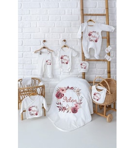 Pia Baby Premium %100 Pamuk 10 Parça İsme Özel Erkek Bebek Hediyesi Hastane Çıkışı Seti 5008-01 (Krem)