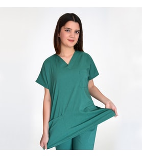 Unisex Ameliyat Yeşili Esnek Likralı Doktor Hemşire Hastane Cerrahi Scrubs Tek Üst Forma (Koyu Yeşil)