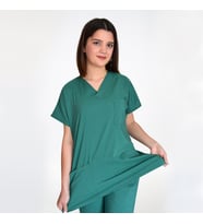 Unisex Ameliyat Yeşili Esnek Likralı Doktor Hemşire Hastane Cerrahi Scrubs Tek Üst Forma (Koyu Yeşil)