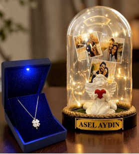 Kişiye Özel 3 Fotoğraflı Yazılı LED Fanus(beyaz melek) ve 925 Ayar Gümüş Kalpli Yonca Kolye