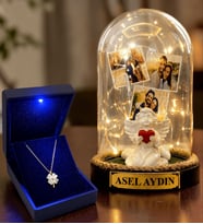 Kişiye Özel 3 Fotoğraflı Yazılı LED Fanus(beyaz melek) ve 925 Ayar Gümüş Kalpli Yonca Kolye