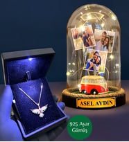 Premium Işıklı Kutuda 925 Ayar Zümrüdü Anka Kuşu Kolye ve Kişiye Özel Led Işıklı Fanus (Model 6)