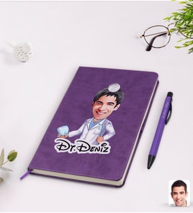 BK Gift Kişiye Özel Erkek Diş Hekimi Karikatürlü Mor Termo Deri Defter Kalem Seti Model 3