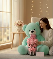 Premium 90 cm Peluş Ayı ve Silindir Kutuda, Kalpli Balonlu 6’lı Pembe Ayıcık Buketi (Turkuaz)